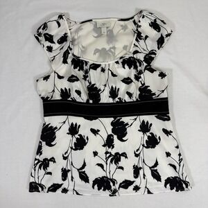 Ann Taylor Loft Women's Cap Sleeve Blouse Size 16 Black And White Floral Y2K